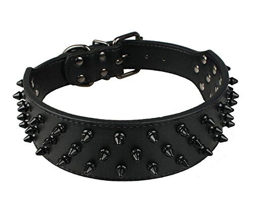 Dogs Kingdom Leather Black Spiked Studded Dog Collar 2" Wide, 31 Spikes 52 Studdeds Pit Bull, Boxer Collar