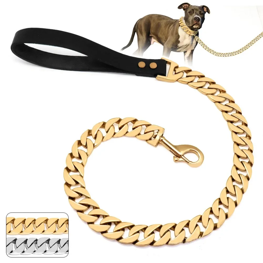Stainless Steel Dog Leash Pet Lead Traction Super Strong Gold Collar Chain 32mm 19mm Bulldog Pitbull Large Dog Collar Leash - AliExpress 15
