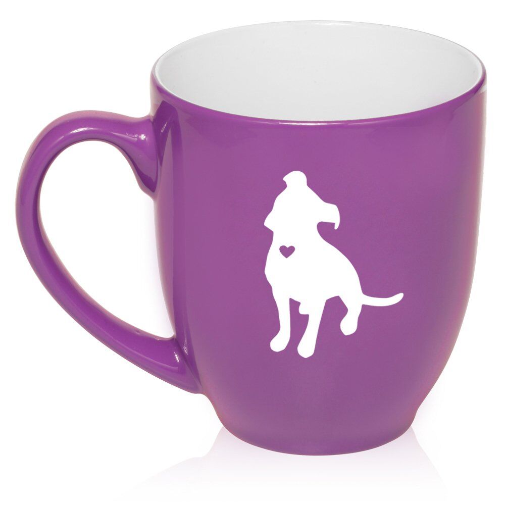 16 oz Large Bistro Mug Ceramic Coffee Tea Glass Cup Cute Pitbull With Heart (Purple)
