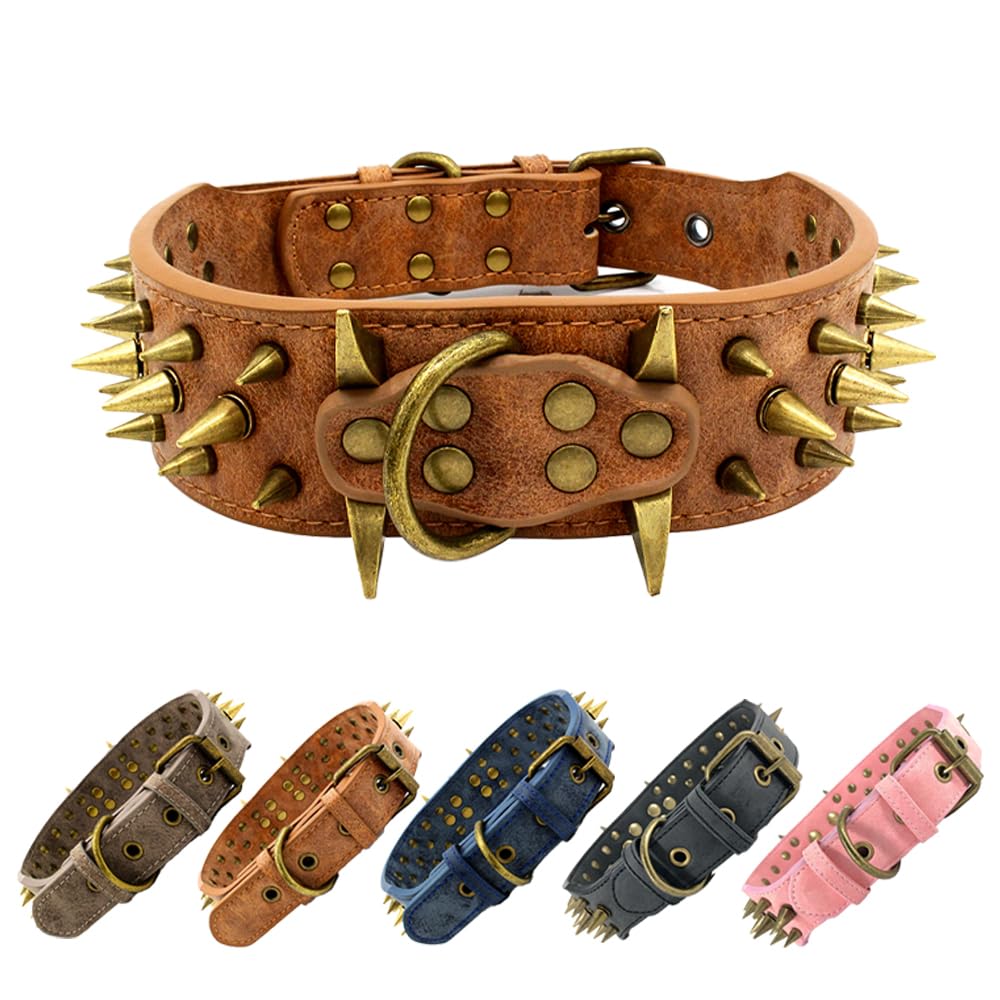 The Mighty Large Spiked Studded Dog Collar - Protect Your Dog's Neck from Bites, Durable & Stylish, for Large Dogs (Brown S)