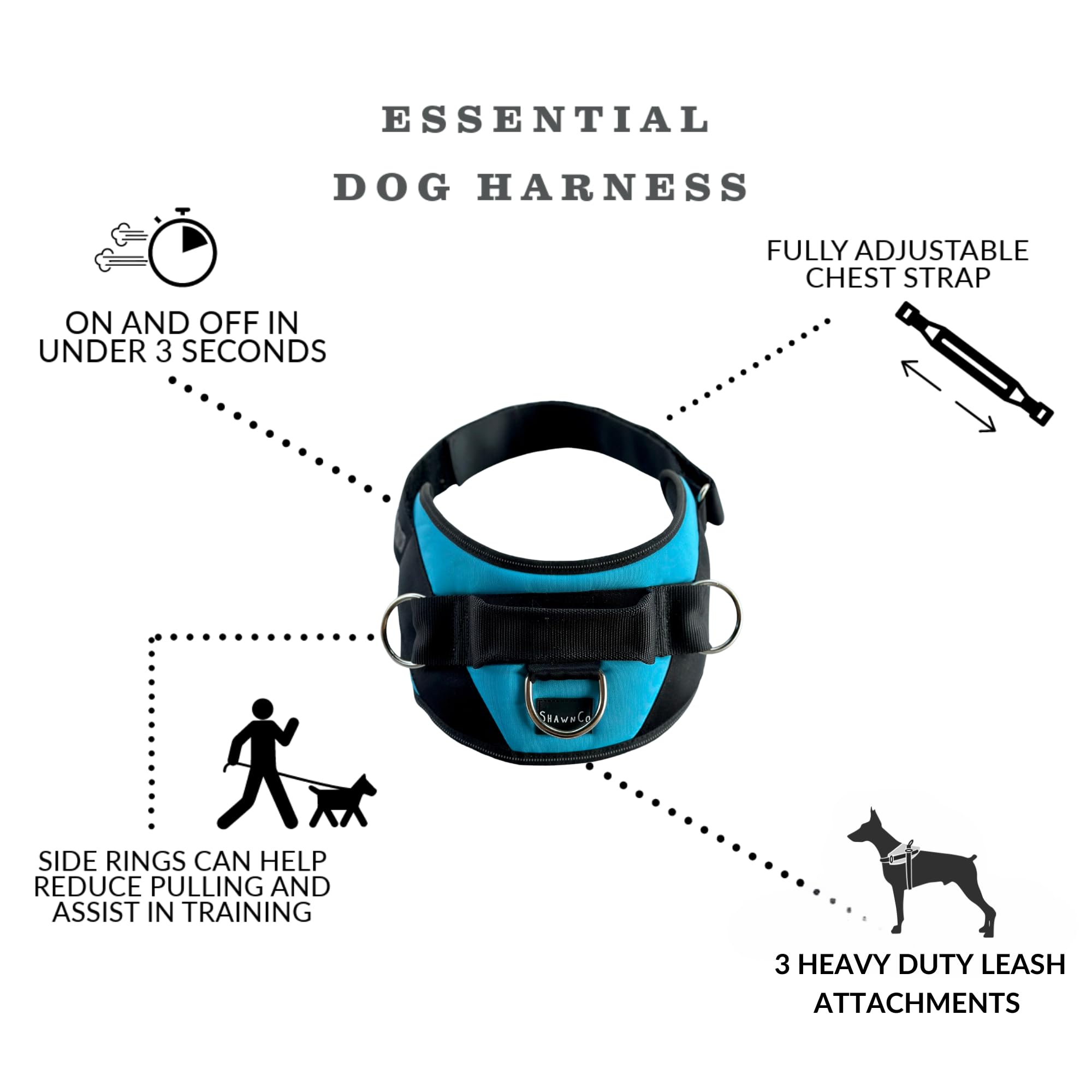 ShawnCo Essential Dog Harness, No-Pull Pet Vest with 3 Leash Clips, No Choke, Reflective, Adjustable and Padded, for Easy Walking and Training for Small, Medium and Large Dogs (Oceanic Blue, S) - Image 4