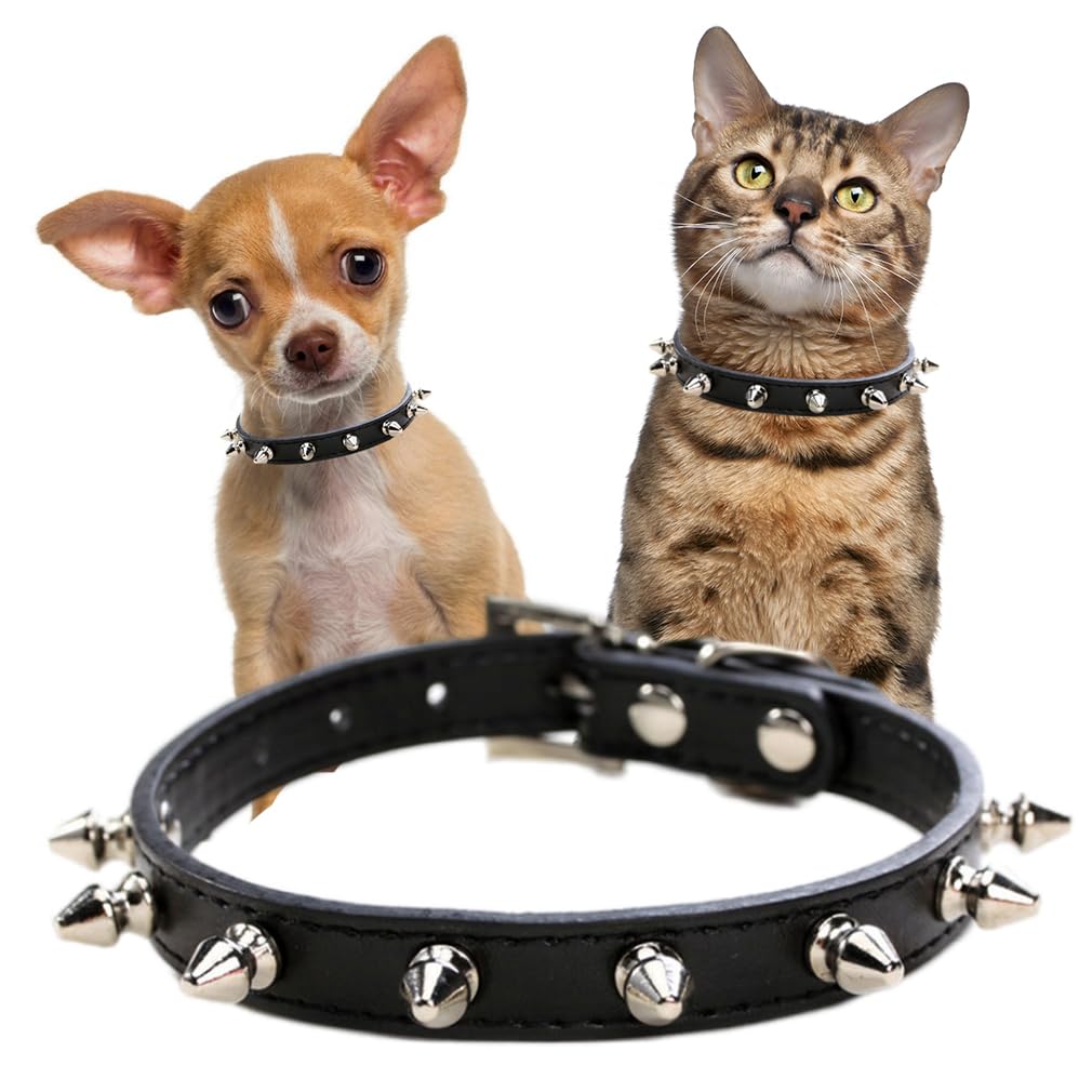 Dog Collars for Small Dogs, Spike Rivet Pu Leather Studded Stud Spiked Puppy Collar for XS Small Breed Pet Boy Dogs Male Cat Chihuahua, Black XS