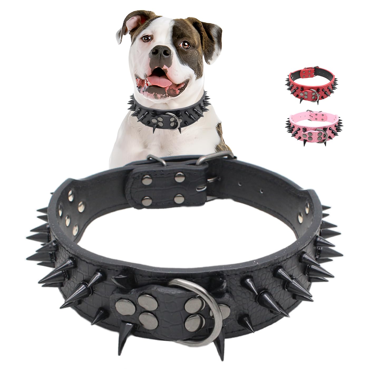 Spiked Dog Collars for Medium Large Dogs, Sharp Spike Studded Anti-Bite Protect Pets Neck Adjustable for Mastiff Pitbull Pug Bulldog, Black Rivets 2-Inch Wide Black Faux Leather 19-22"