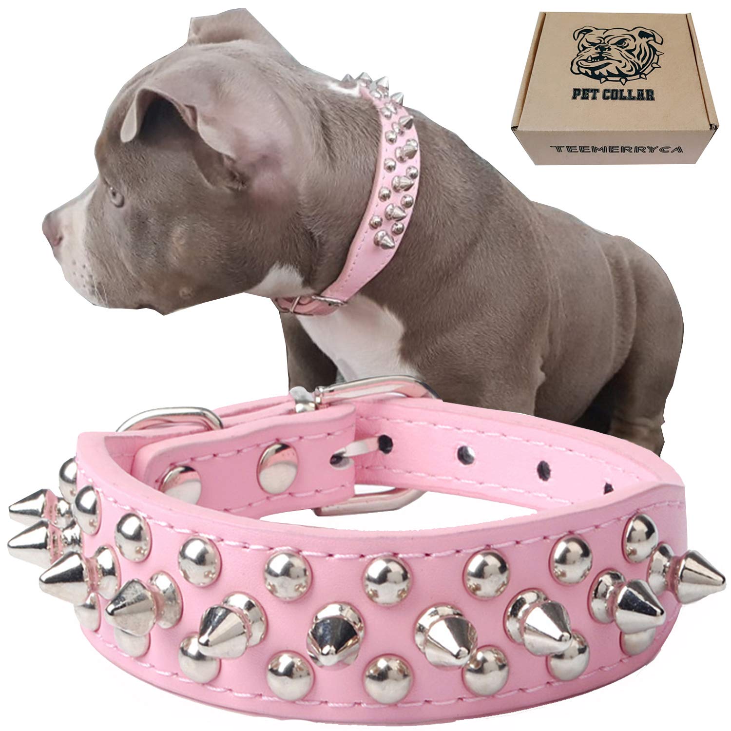 TEEMERRYCA Adjustable Leather Spiked Studded Dog Collars with a Squeak Ball Gift for Small Medium Large Pets Like Cats/Pit Bull/Bulldog/Pugs/Husky, Pink, L(15"-18.5")
