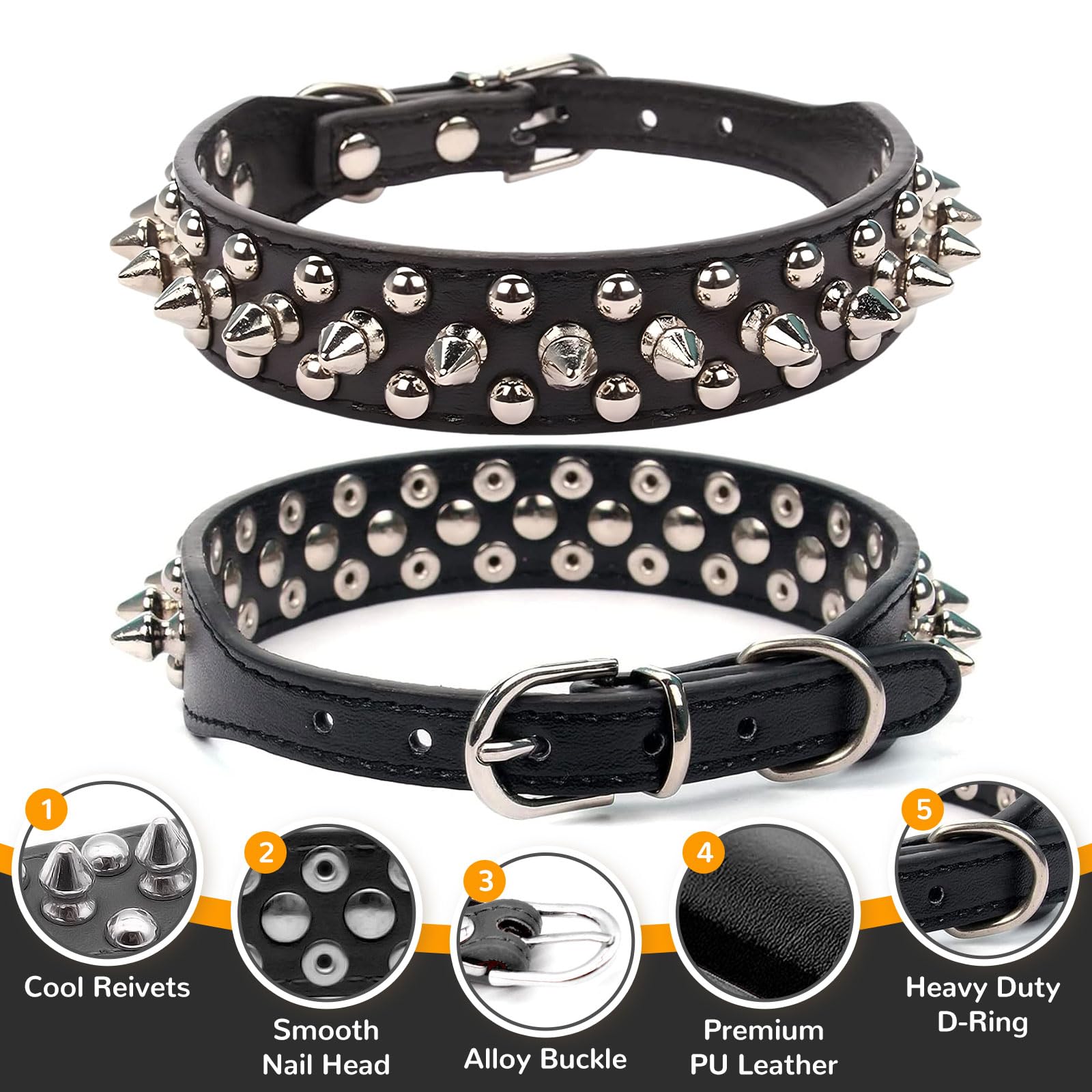 PETCARE Spiked Dog Collar Black Soft Pu Leather Funny Mushrooms Rivet Spike Studded Puppy Collar Adjustable Outdoor Pet Dog Collar for Small Medium Large Dogs Cats Chihuahua Pug Pit Bull Dog Collars - Image 5