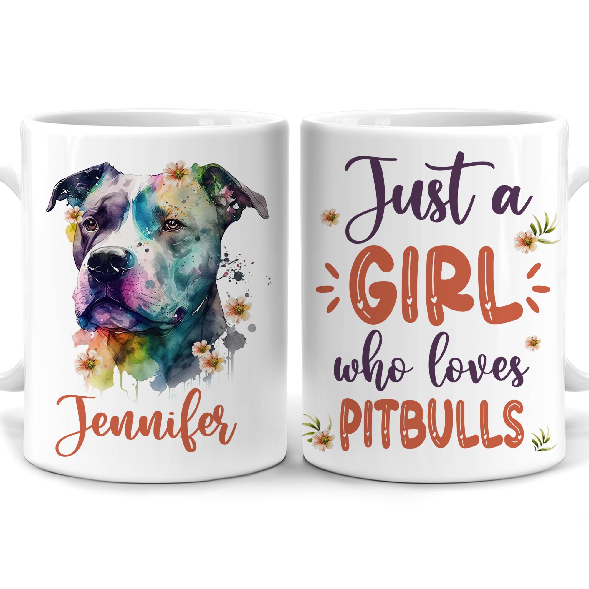 Hyturtle Personalized Gifts Pitbull Lover - Just A Girl Who Loves Pitbulls Custom Name Ceramic Coffee Mug Cup 11oz - Idea Cute Dog Lover Gifts For Women, Girl Daughter On Birthday, Christmas