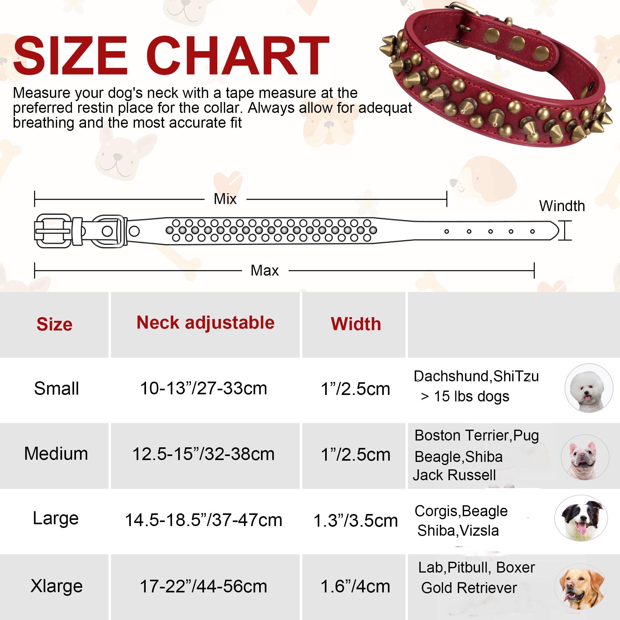 Spiked Leather Dog Collar with Bullet Rivets, Soft and Adjustable for Small Medium and Large Dogs(Black,M) - Image 2