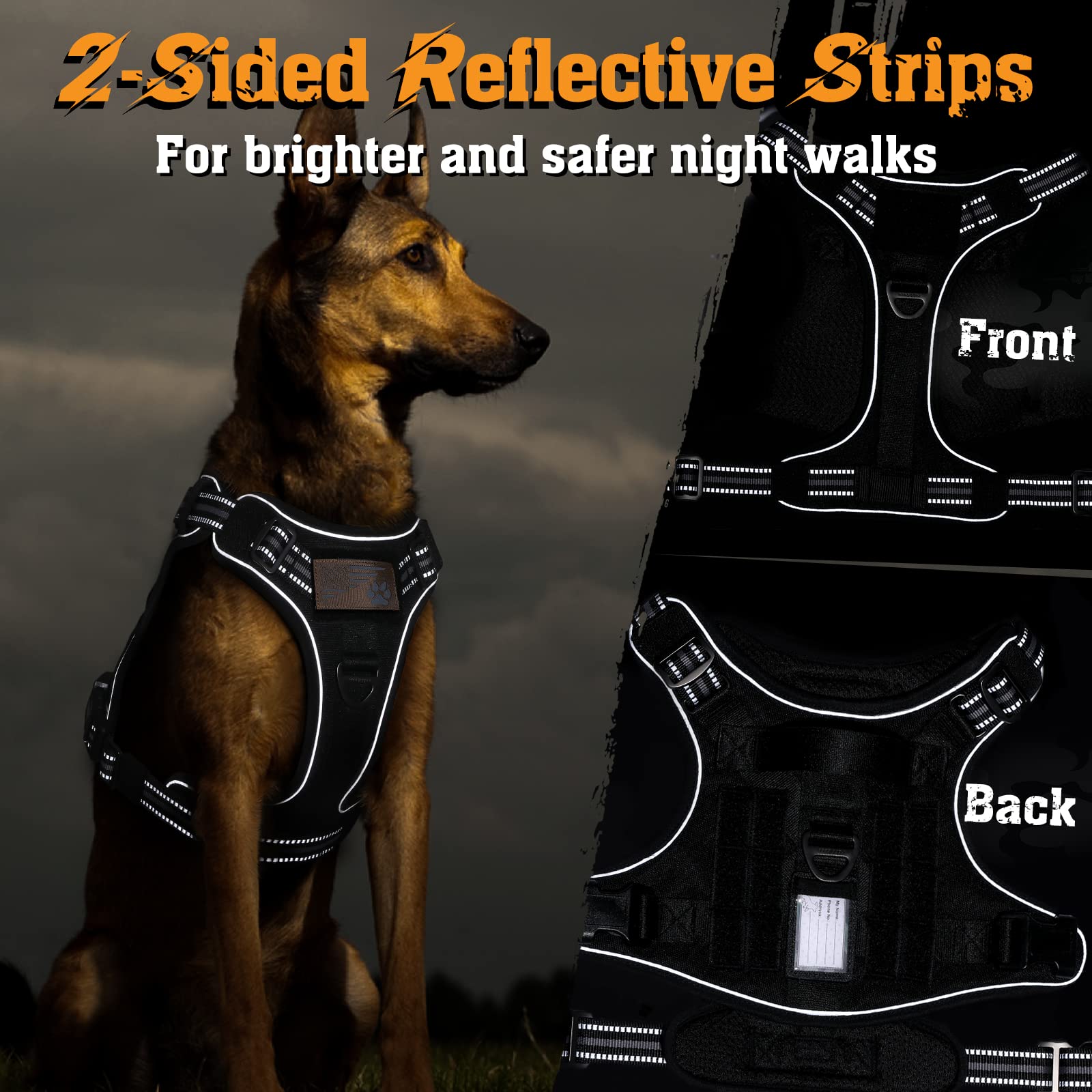 rabbitgoo Dog Harness for Large Dogs No Pull, Tactical Service Dog Vest with Molle and Control Handle, Adjustable and Reflective Military Pet Harness for Easy Walking and Training, Black, L - Image 3