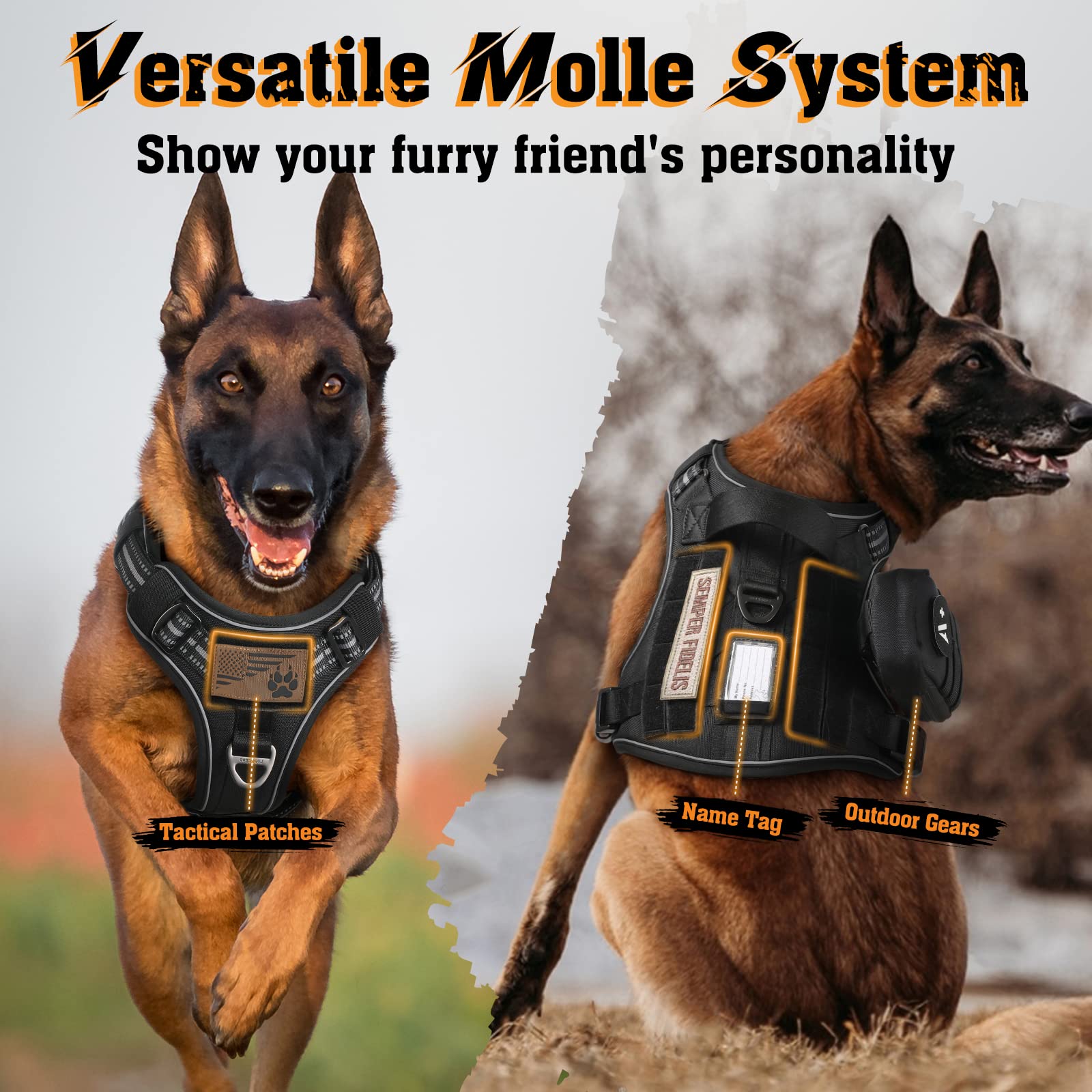 rabbitgoo Dog Harness for Large Dogs No Pull, Tactical Service Dog Vest with Molle and Control Handle, Adjustable and Reflective Military Pet Harness for Easy Walking and Training, Black, L - Image 4