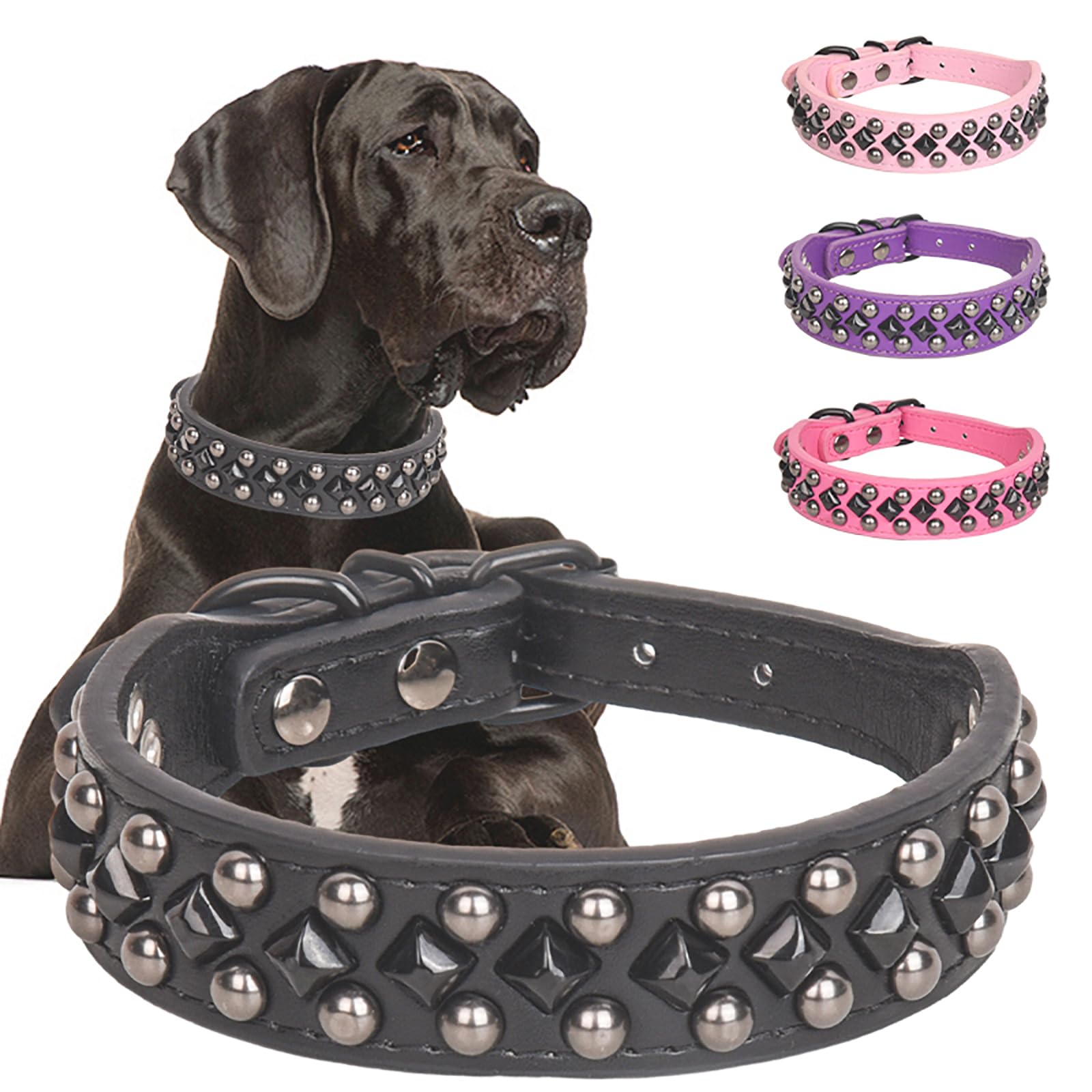 KocaPlye Spiked Studded Dog Collar Soft PU Leather Squared Spike Pet Collar Adjustable Collars for Small Medium Large Dogs