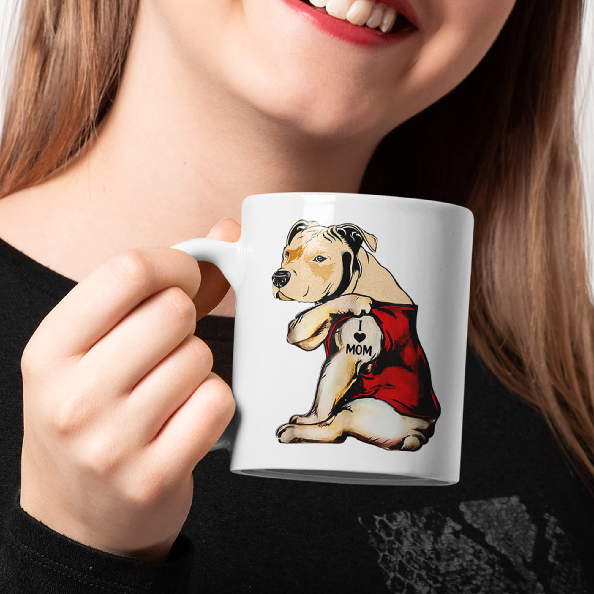 Harvey Martin I Love Mom Tattoo Pit Bull Mug Funny Gift For Pit Bull Dog Lovers Pit Bull Mom Ceramic Coffee Mug 11oz White - Image 3