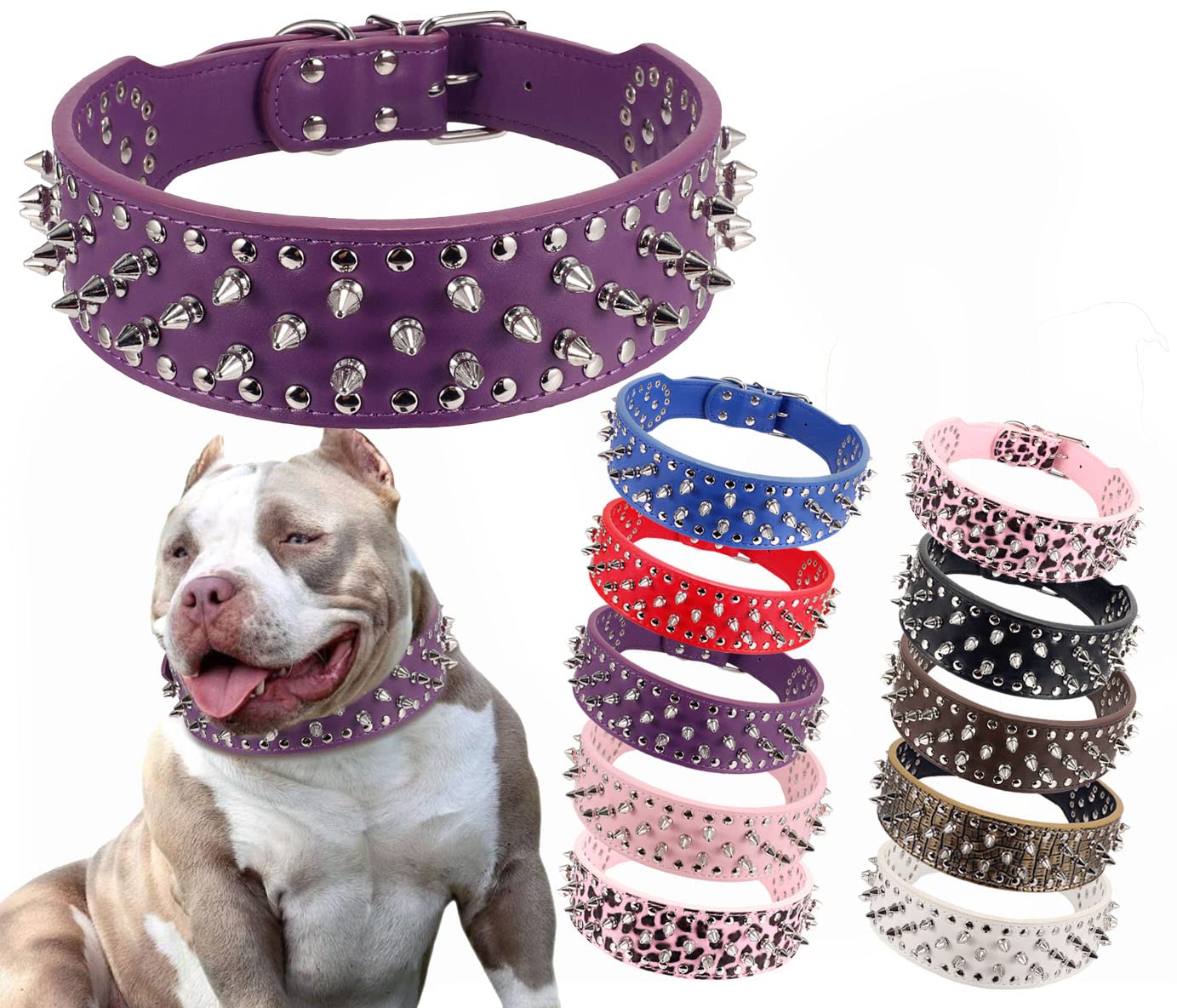 BTDCFY Hoot PU Leather Adjustable Spiked Studded Dog Collar 2" Wide 31 Spikes 52 Studs (S(Neck 17"-20"), Purple)