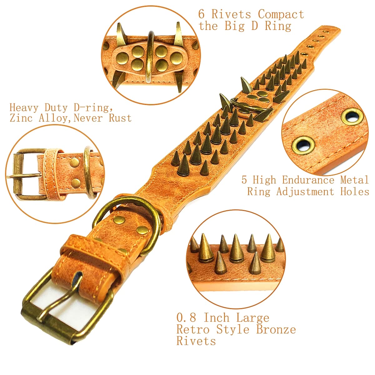 Kawagogo Spiked Studded Dog Collar with Large Sharp Spikes,2 Inch Wide Leather Dog Collar,Anti-bite,Fit Large Medium Dogs,Pitbull Doberman (L Adjust:19.7''-24.4'', Brown) - Image 6