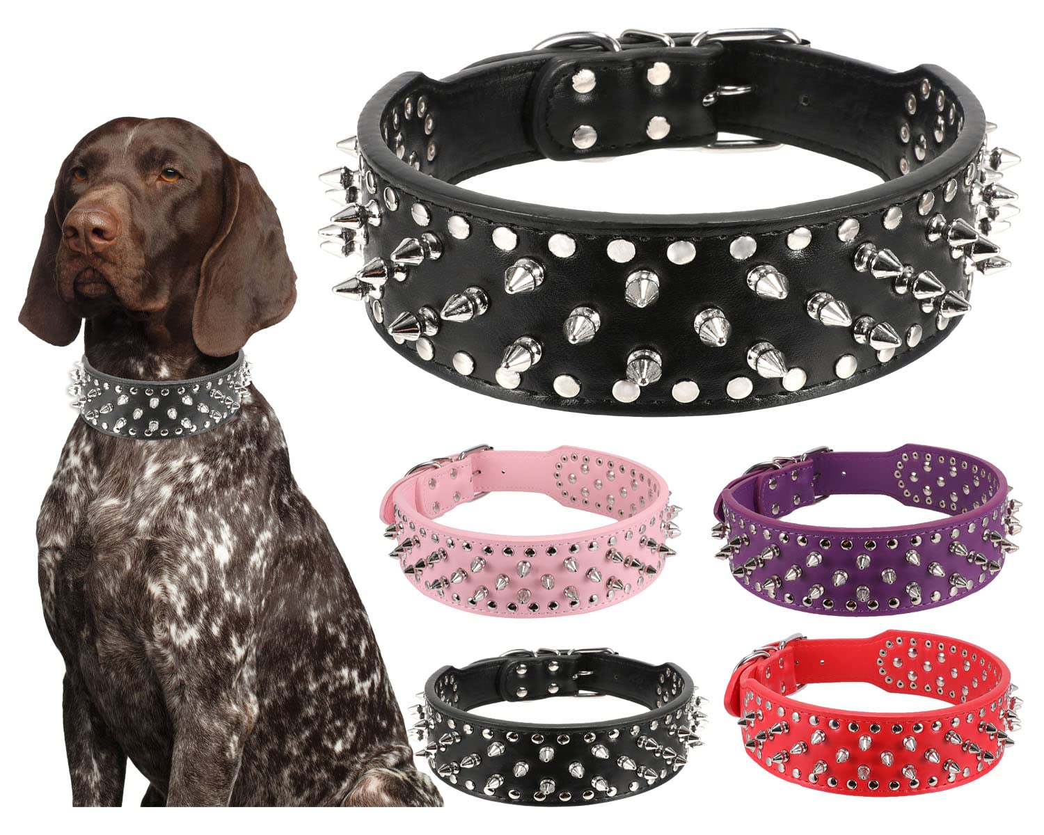 KocaPlye Spiked Dog Collar Rivet Studded Adjustable PU Leather Spikes Collar for Medium Large Dogs 2" Wide Spike Collars