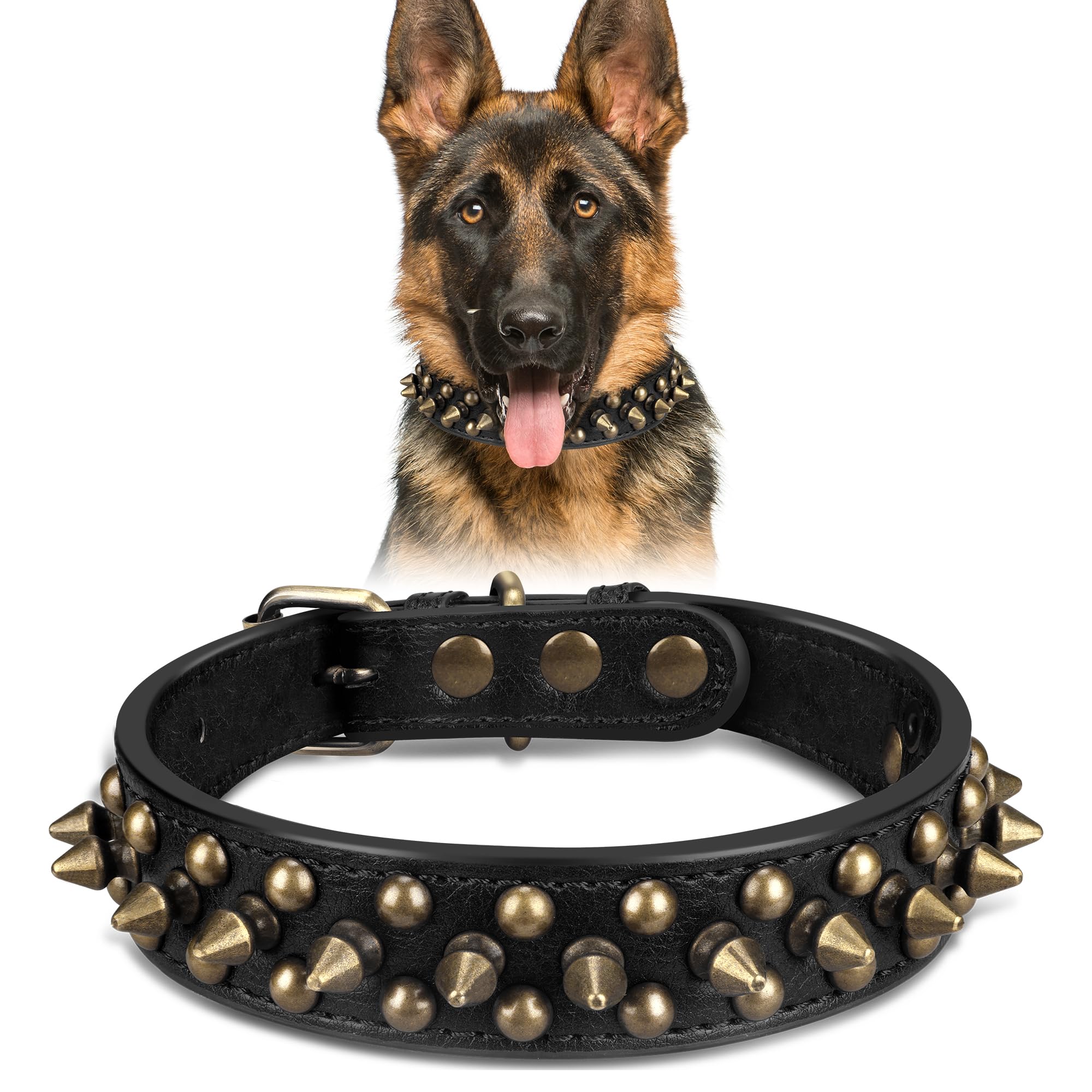 Spiked Leather Dog Collar with Bullet Rivets, Soft and Adjustable for Small Medium and Large Dogs(Black,M)