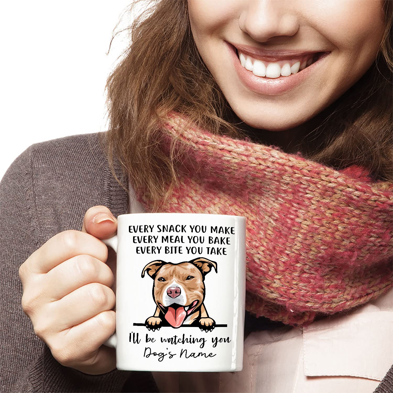 Personalized Red Nose American Pit Bull Coffee Mug, Every Snack You Make I'll Be Watching You, Customized Dog Mugs for Mom Dad, Gifts for Dog Lover, Mothers Day, Fathers Day, Birthday Presents - Image 3