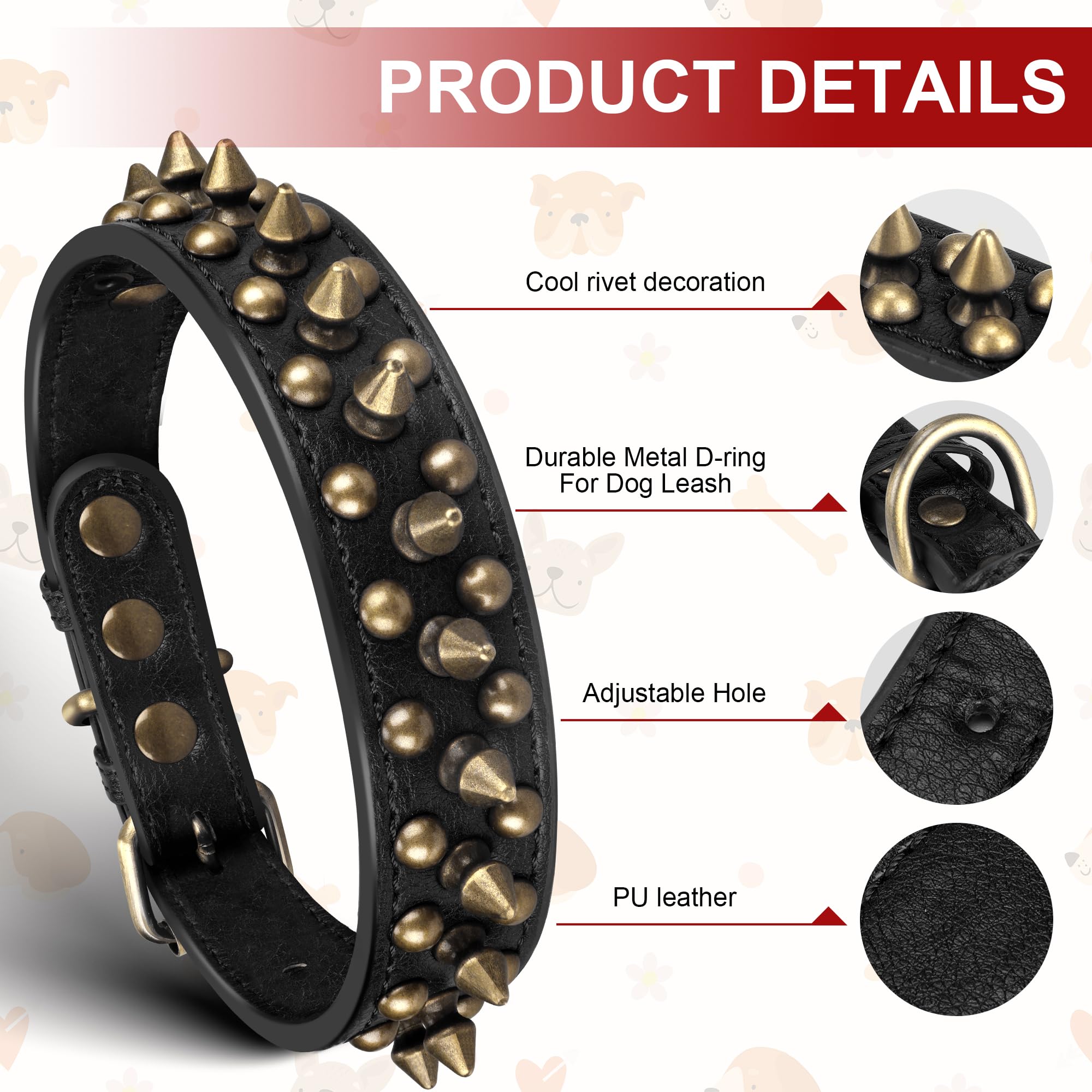 Spiked Leather Dog Collar with Bullet Rivets, Soft and Adjustable for Small Medium and Large Dogs(Black,M) - Image 6