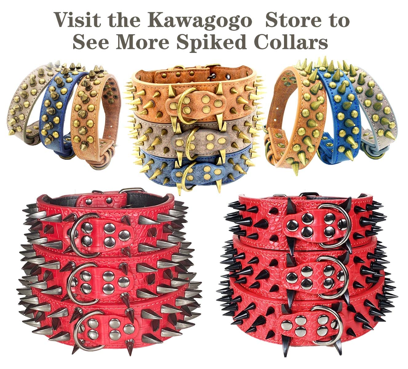 Kawagogo Spiked Studded Dog Collar with Large Sharp Spikes,2 Inch Wide Leather Dog Collar,Anti-bite,Fit Large Medium Dogs,Pitbull Doberman (L Adjust:19.7''-24.4'', Brown) - Image 2