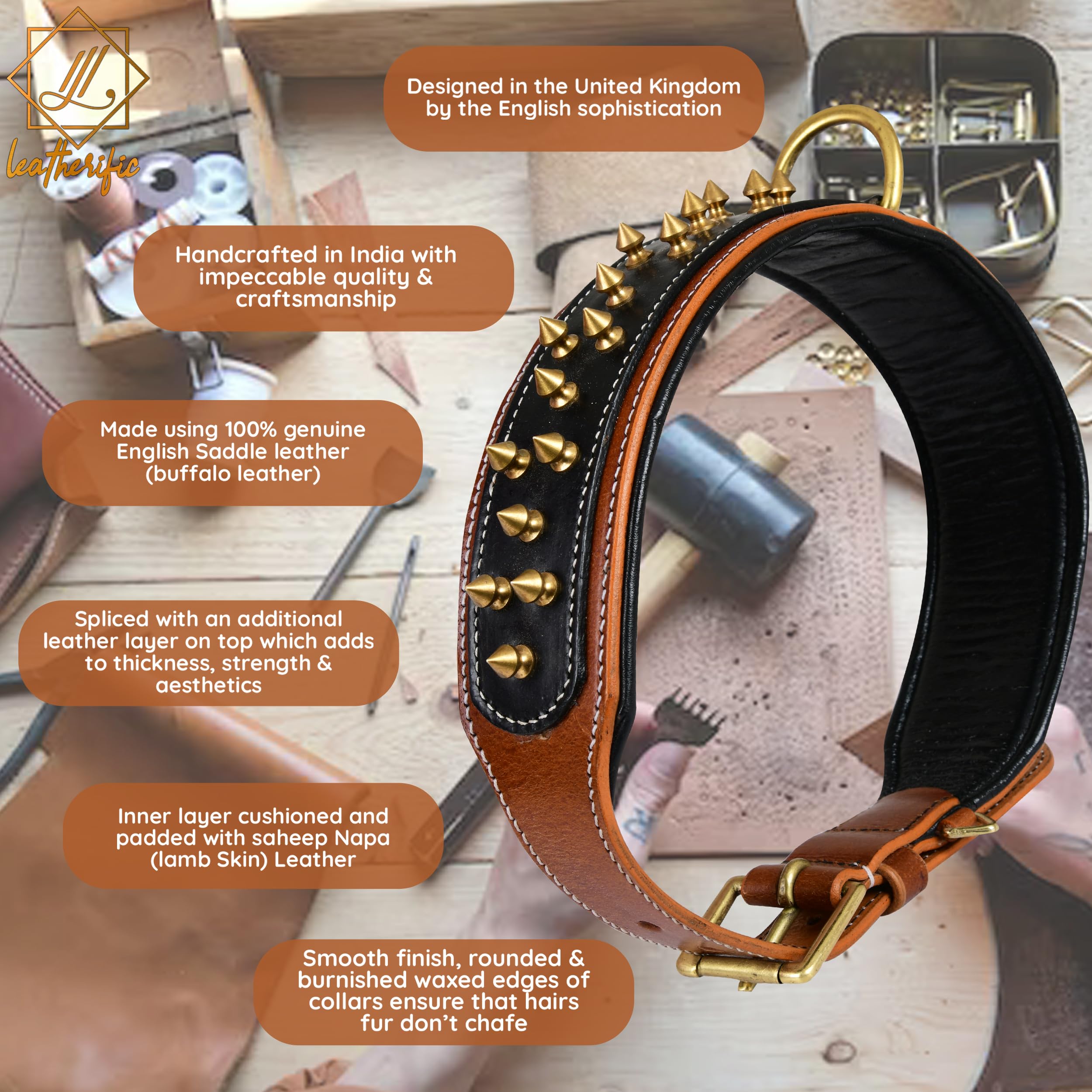 Leatherific Spike Dog Collar | Spiky Series | Premium Genuine Bridle Leather, Heavy Duty, Padded, Strong | for Medium, Large, XL Breeds | Black Brown | 2" Wide - Image 8