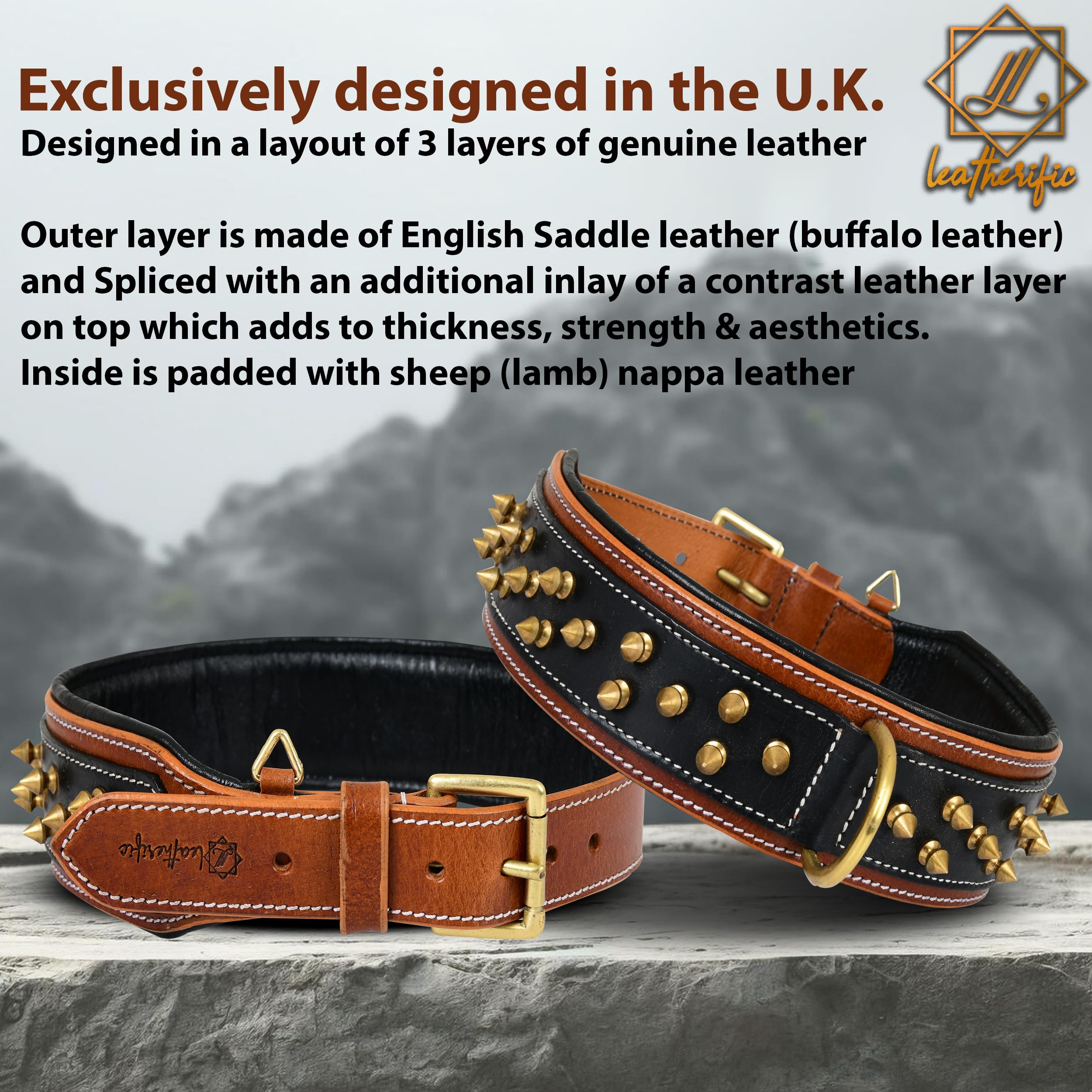 Leatherific Spike Dog Collar | Spiky Series | Premium Genuine Bridle Leather, Heavy Duty, Padded, Strong | for Medium, Large, XL Breeds | Black Brown | 2" Wide - Image 5
