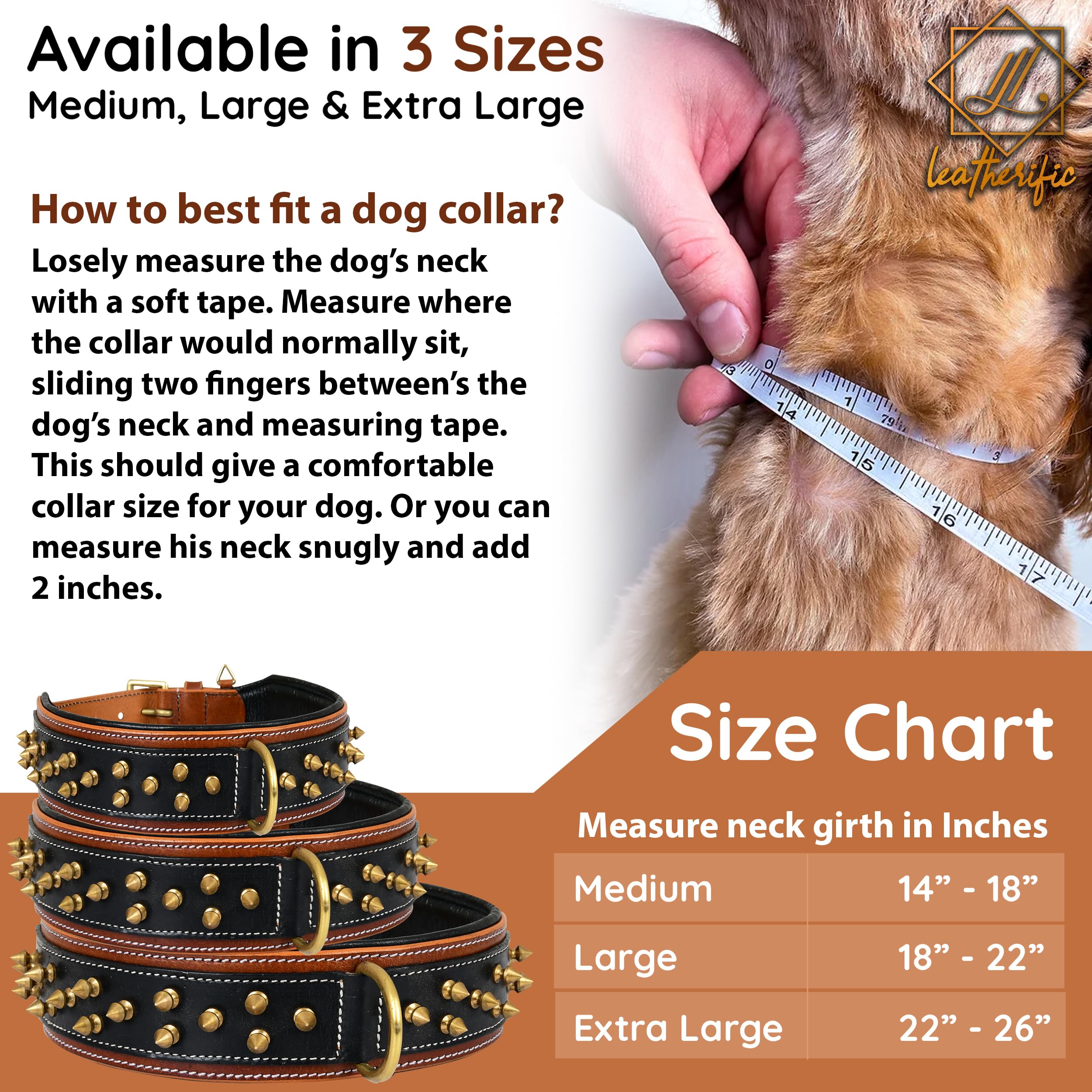Leatherific Spike Dog Collar | Spiky Series | Premium Genuine Bridle Leather, Heavy Duty, Padded, Strong | for Medium, Large, XL Breeds | Black Brown | 2" Wide - Image 6