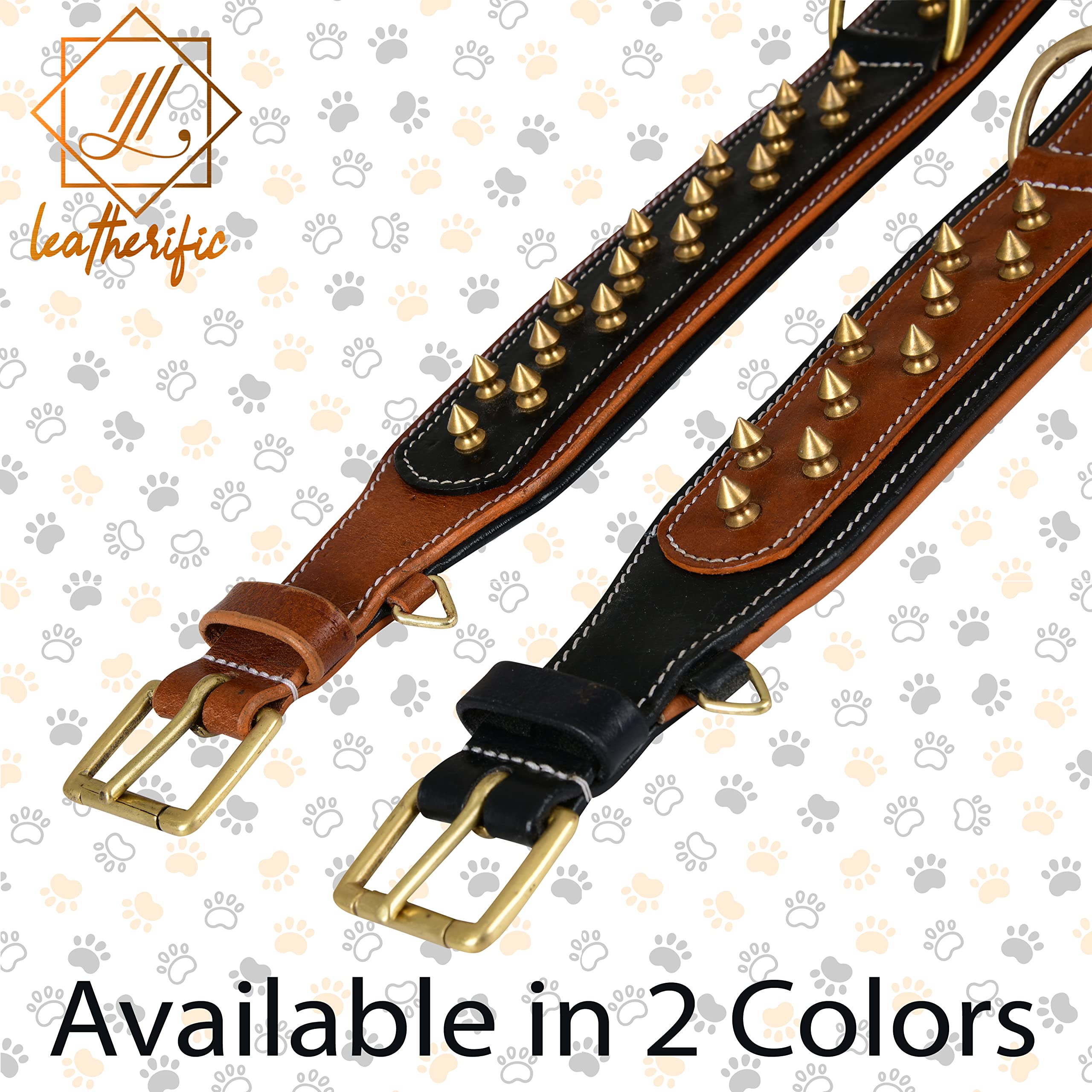 Leatherific Spike Dog Collar | Spiky Series | Premium Genuine Bridle Leather, Heavy Duty, Padded, Strong | for Medium, Large, XL Breeds | Black Brown | 2" Wide - Image 3