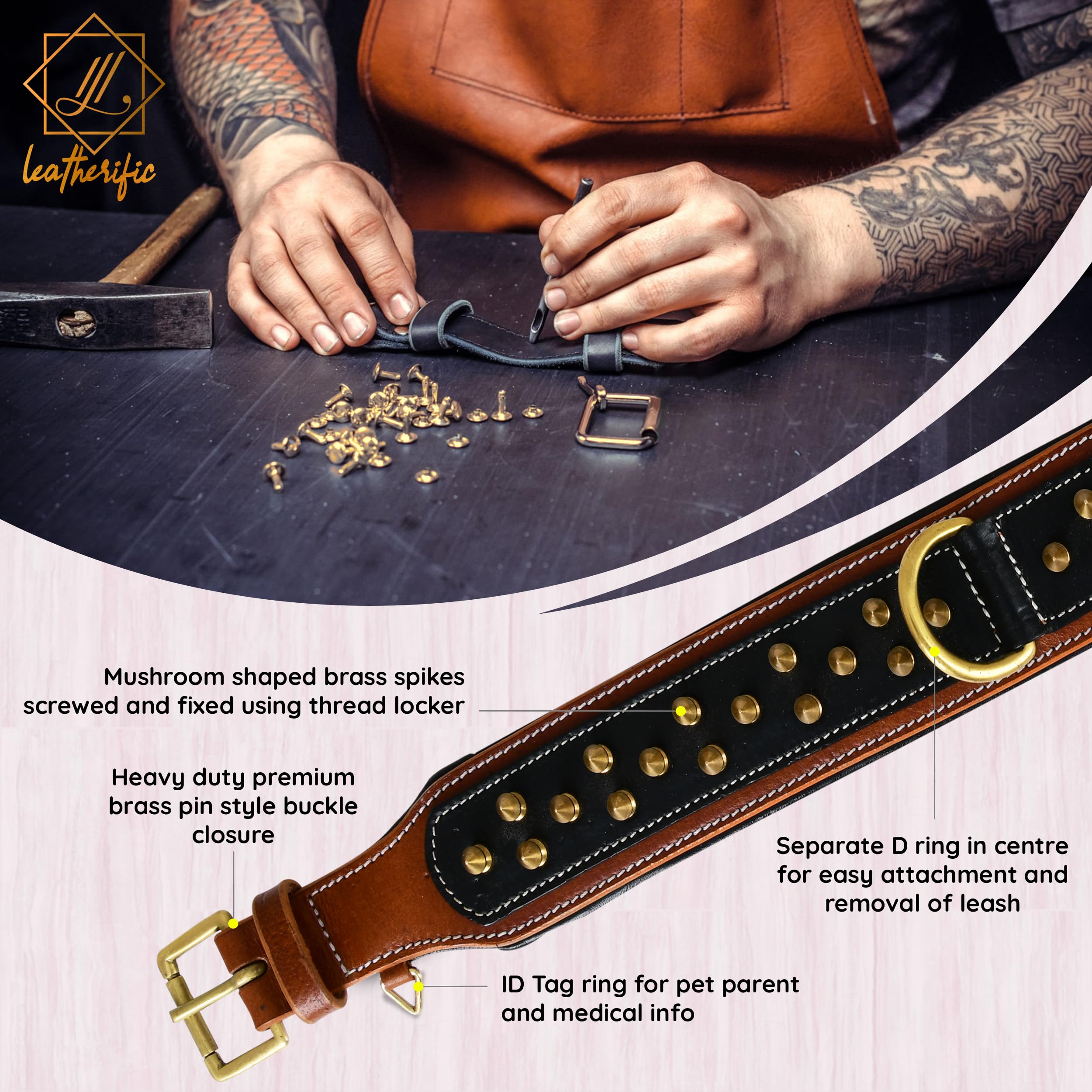 Leatherific Spike Dog Collar | Spiky Series | Premium Genuine Bridle Leather, Heavy Duty, Padded, Strong | for Medium, Large, XL Breeds | Black Brown | 2" Wide - Image 7