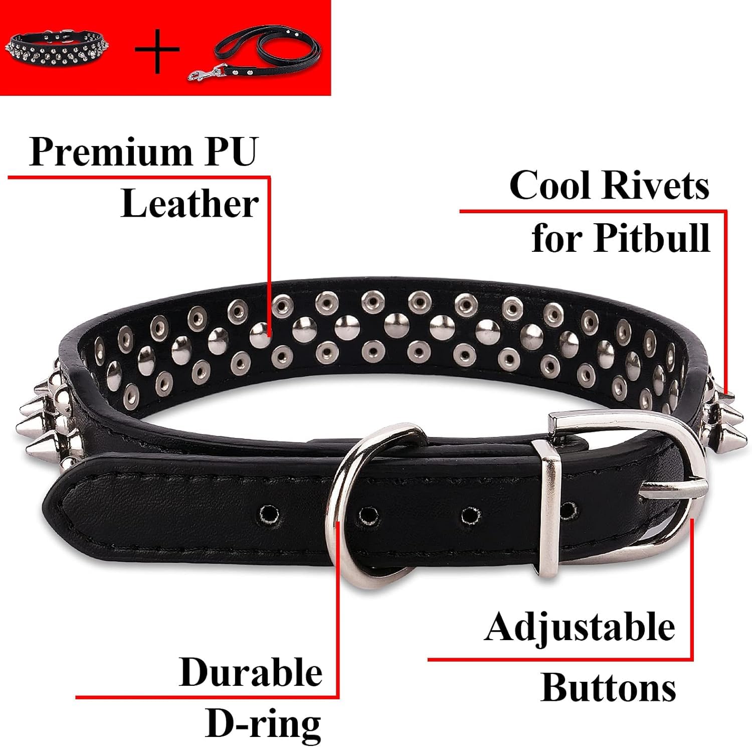 SOYATER Black Dog Collar for Medium Large Dogs Pitbull Collar with Leash Rivet Puppy Pet Cat Adjustable Black Studded Collar Durable PU Leather Spiked Pet Supplies (Black, XXL=19.7""-22.4"") - Image 7