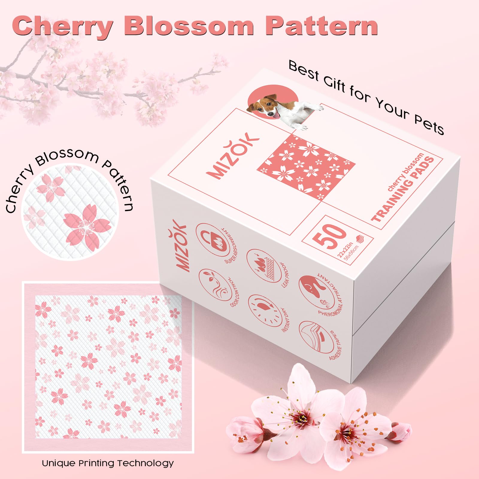 MIZOK Puppy Pads 22"x 22" with Leak-Proof Quick-Dry Design Pee Pads for Dogs Potty Training, 6-Layer Standard Absorbency Dog Pee Pads Regular Size, Pink Cherry Blossom Pattern (50 Counts) - Image 7