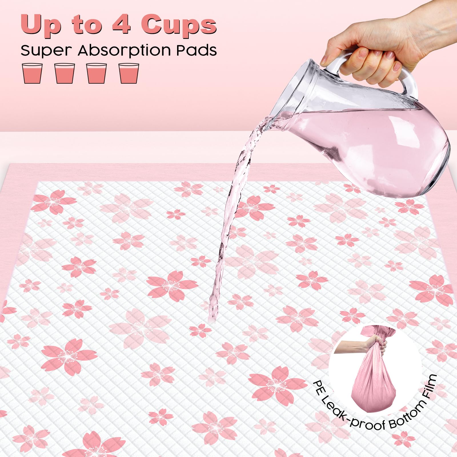 MIZOK Puppy Pads 22"x 22" with Leak-Proof Quick-Dry Design Pee Pads for Dogs Potty Training, 6-Layer Standard Absorbency Dog Pee Pads Regular Size, Pink Cherry Blossom Pattern (50 Counts) - Image 5