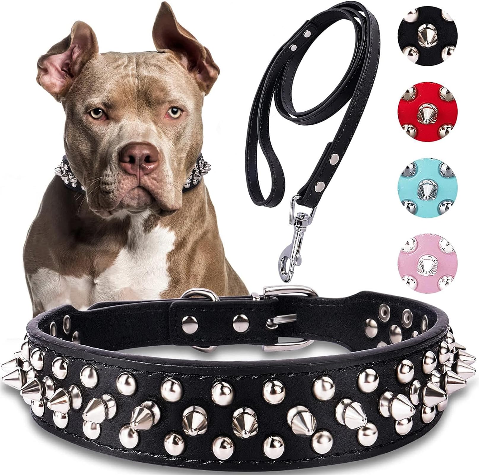 SOYATER Black Dog Collar for Medium Large Dogs Pitbull Collar with Leash Rivet Puppy Pet Cat Adjustable Black Studded Collar Durable PU Leather Spiked Pet Supplies (Black, XXL=19.7""-22.4"")