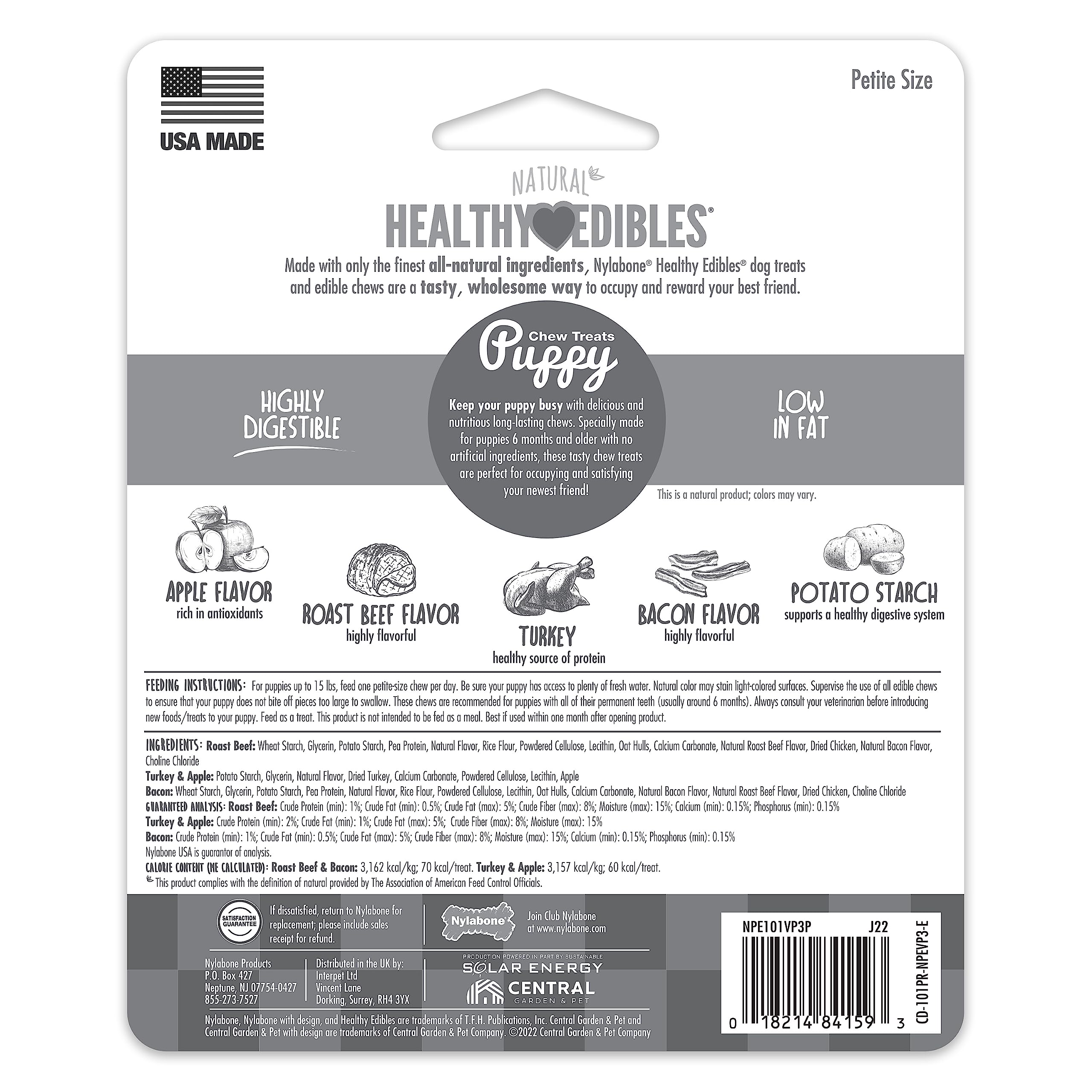 Nylabone Healthy Edibles Natural Puppy Chews Long Lasting Roast Beef, Apple & Bacon Treats for Puppies, X-Small/Petite (3 Count) - Image 3