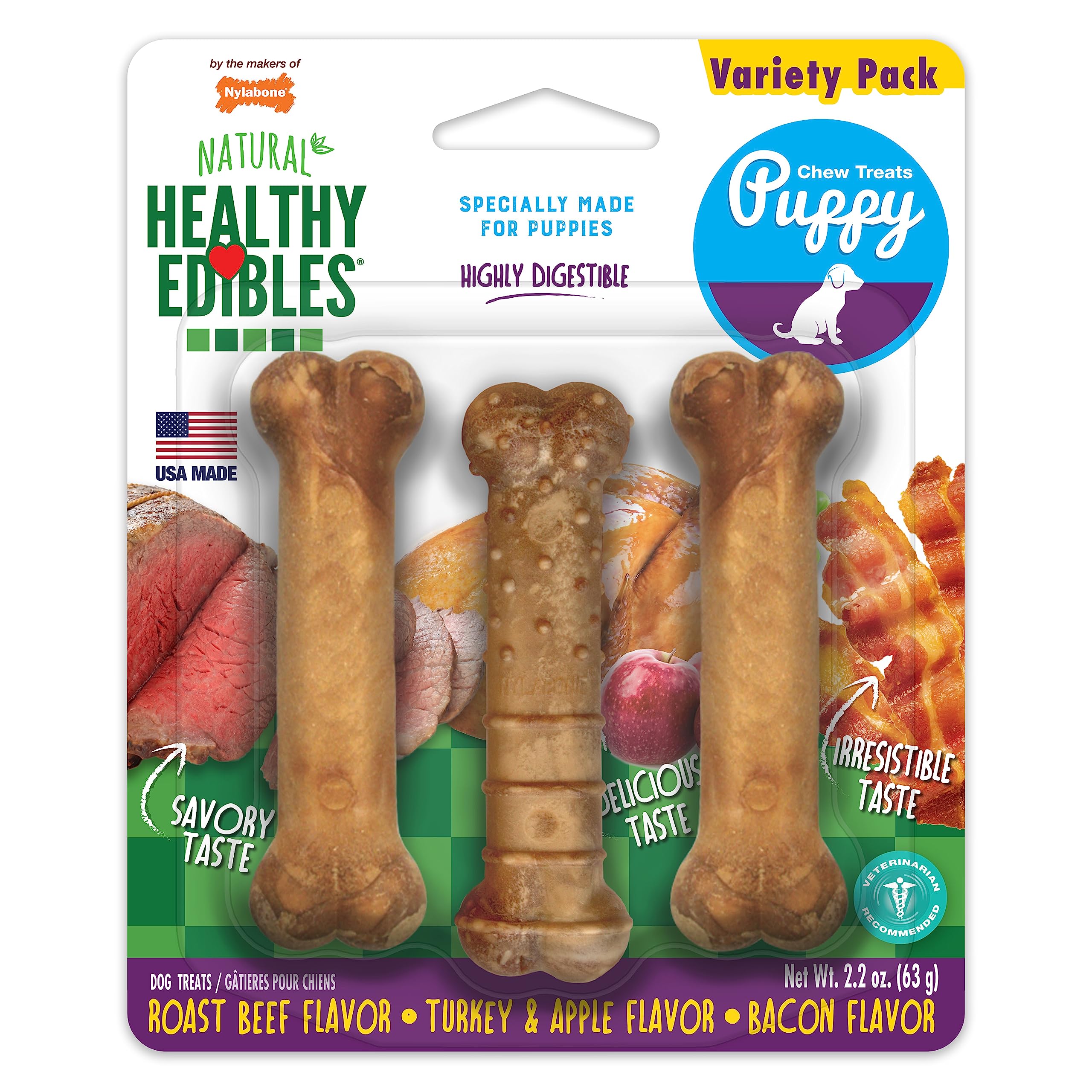 Nylabone Healthy Edibles Natural Puppy Chews Long Lasting Roast Beef, Apple & Bacon Treats for Puppies, X-Small/Petite (3 Count)