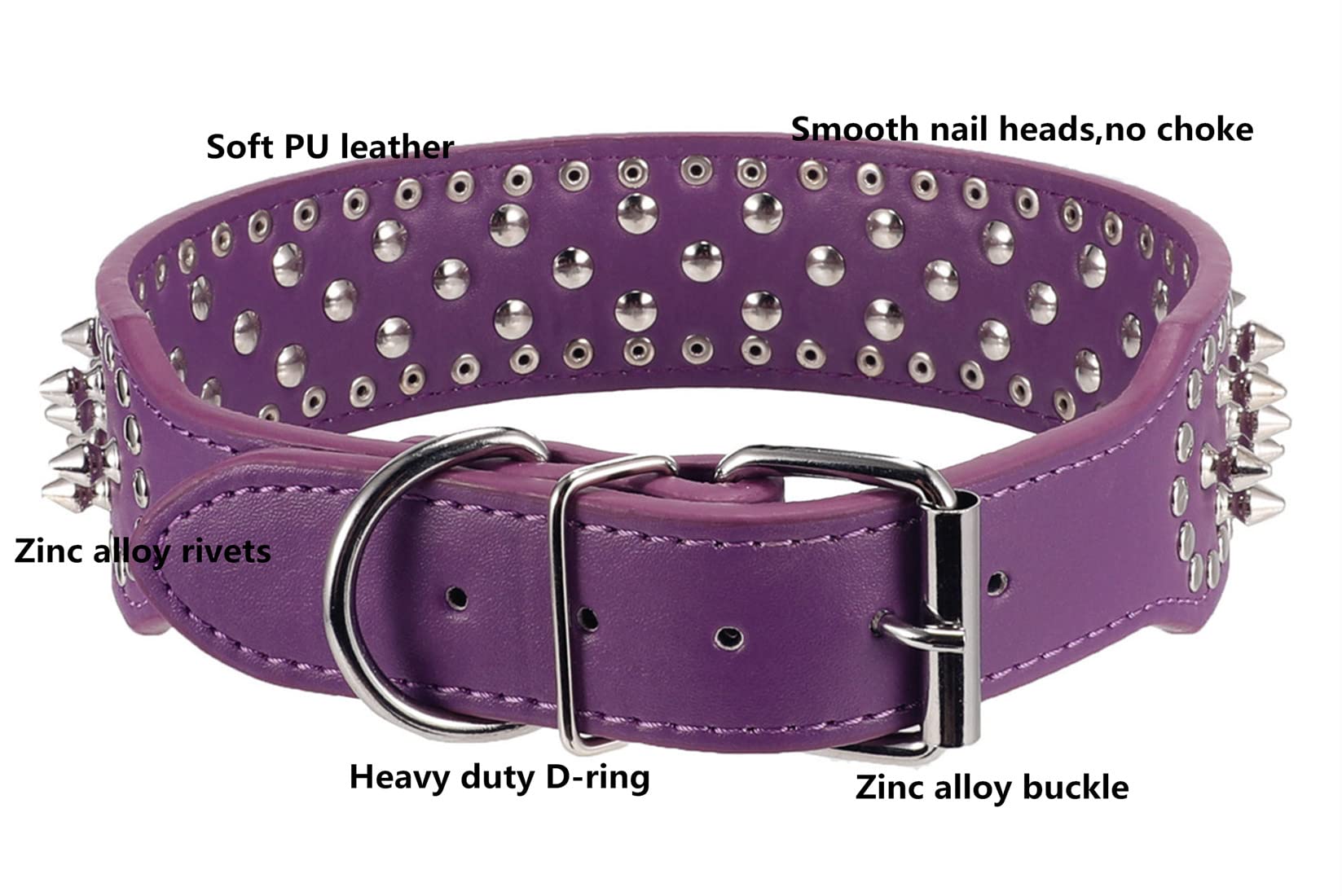 BTDCFY Hoot PU Leather Adjustable Spiked Studded Dog Collar 2" Wide 31 Spikes 52 Studs (S(Neck 17"-20"), Purple) - Image 6