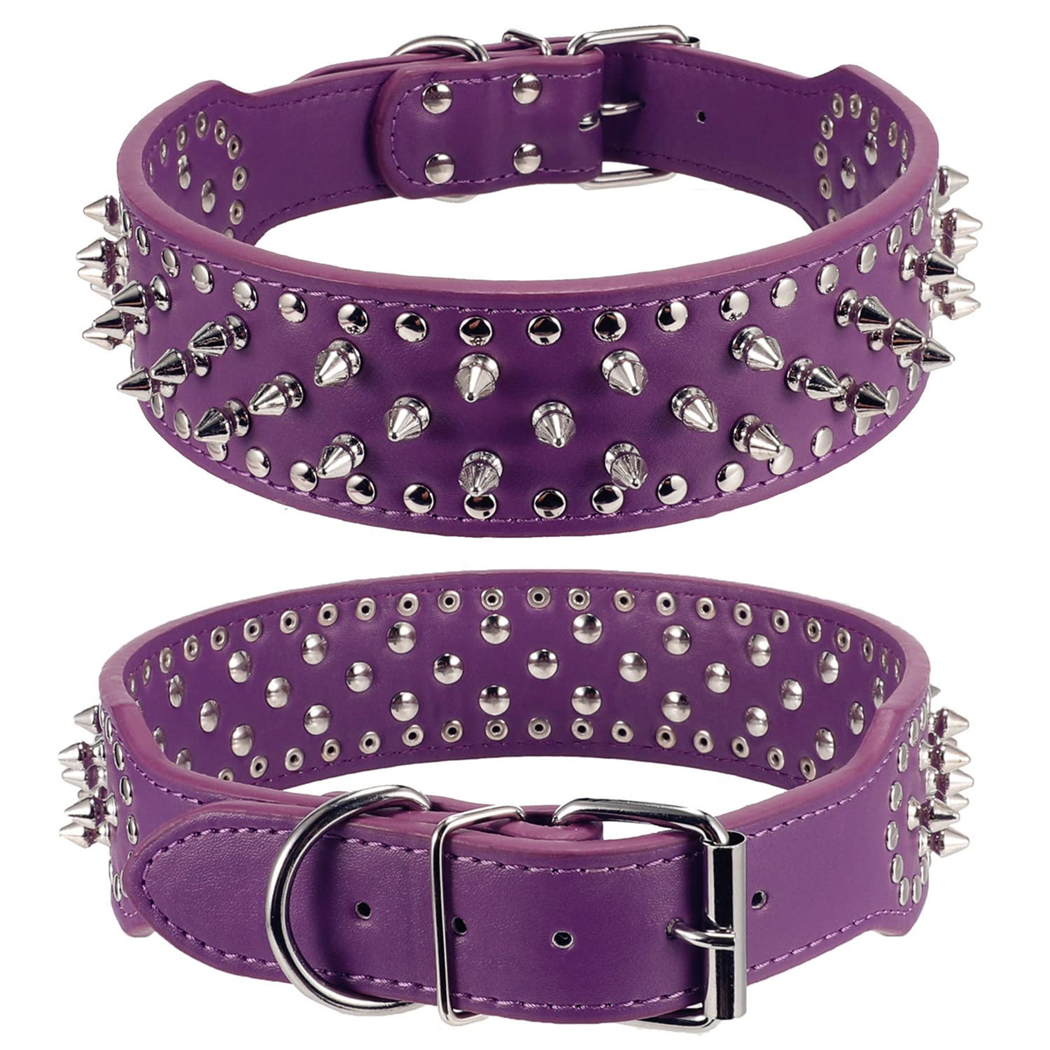 BTDCFY Hoot PU Leather Adjustable Spiked Studded Dog Collar 2" Wide 31 Spikes 52 Studs (S(Neck 17"-20"), Purple) - Image 7