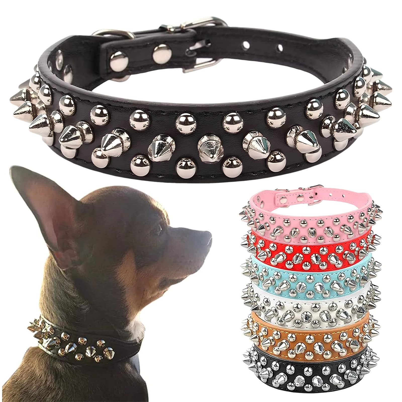 PETCARE Spiked Dog Collar Black Soft Pu Leather Funny Mushrooms Rivet Spike Studded Puppy Collar Adjustable Outdoor Pet Dog Collar for Small Medium Large Dogs Cats Chihuahua Pug Pit Bull Dog Collars